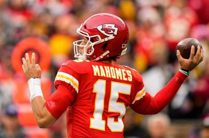 Dec 26, 2021; Kansas City, Missouri, USA; Kansas City Chiefs quarterback Patrick Mahomes (15) throws a pass against the Pittsburgh Steelers during the first half at GEHA Field at Arrowhead Stadium. Mandatory Credit: Jay Biggerstaff-USA TODAY Sports